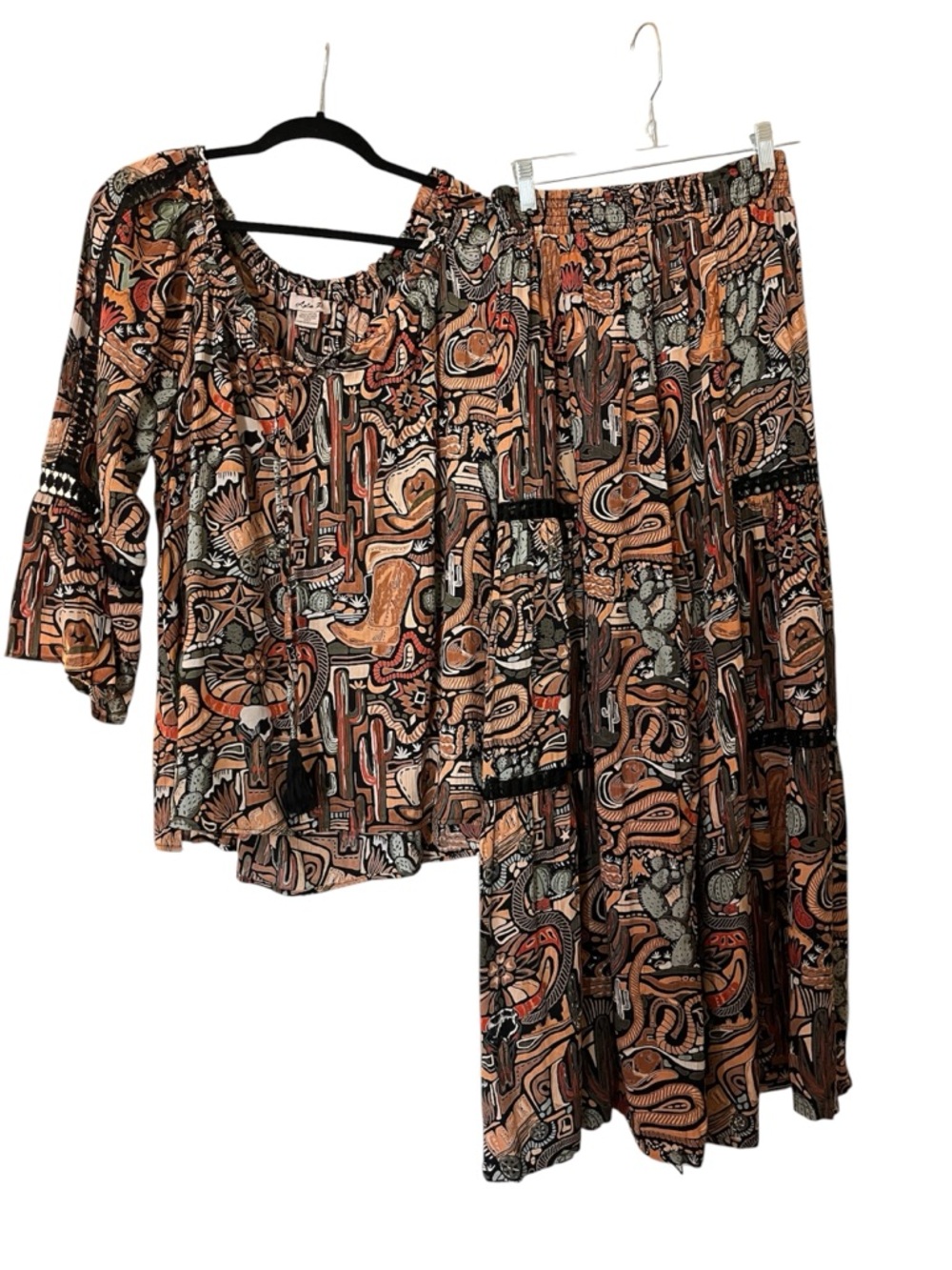 Western Boho Printed Tiered Pants & Top Set NEW. Unique Lattice Sheer Panels FUN - Picture 13 of 13